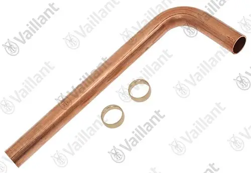 Kupferrohr mit einer Biegung und zwei vernickelten Ringen, hergestellt von Vaillant. Das Rohr hat eine gerade Form und wird häufig in Heizungs- oder Sanitärinstallationen eingesetzt.